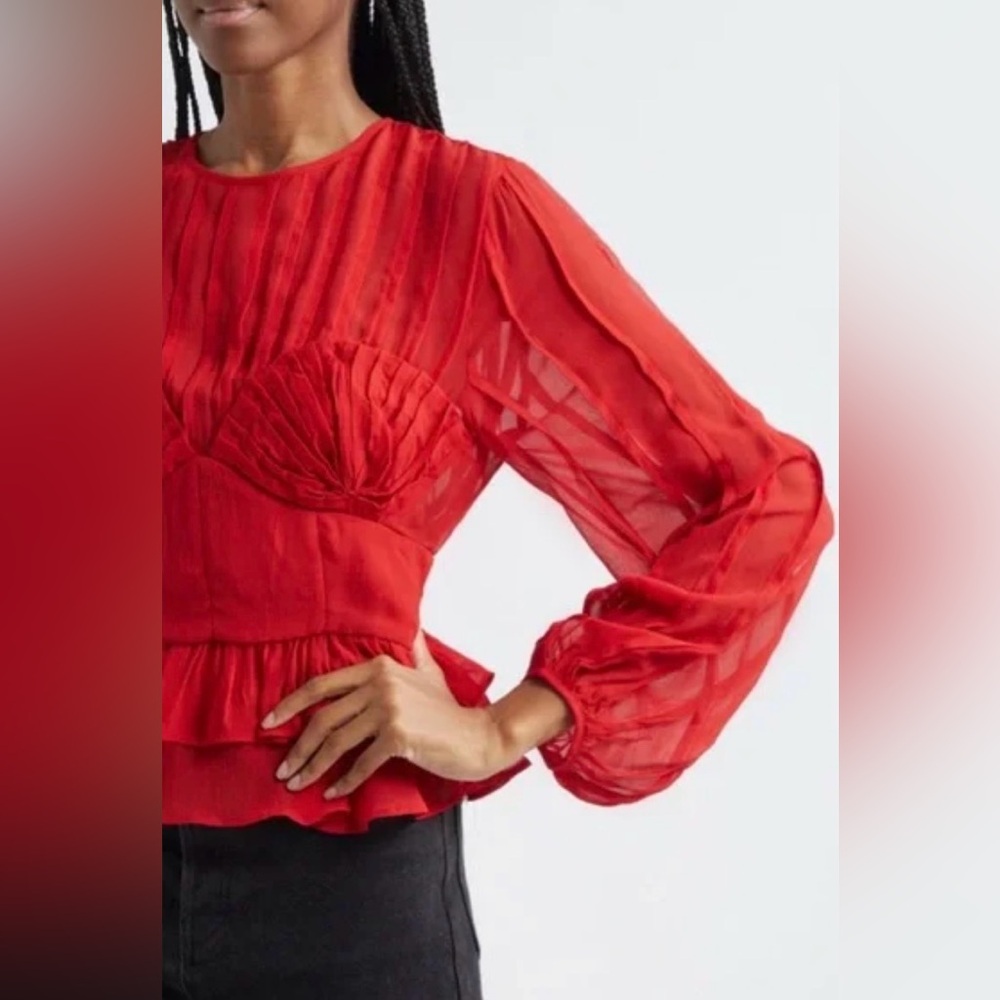FARM Rio | Red Pleated Shell Blouse | Peplum Bustier Top | L | NWT